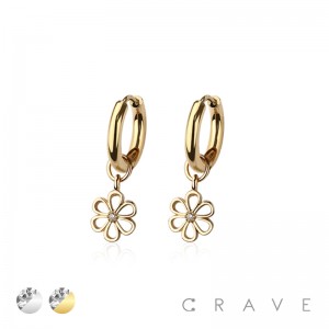 PAIR OF 316L STAINLESS STEEL HUGGIE/HOOP CENTER CZ HOLLOW FLOWER DANGLE EARRINGS
