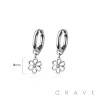 PAIR OF 316L STAINLESS STEEL HUGGIE/HOOP CENTER CZ HOLLOW FLOWER DANGLE EARRINGS