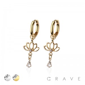 PAIR OF 316L STAINLESS STEEL HUGGIE/HOOP CENTER CZ LOTUS FLOWER DANGLE EARRINGS