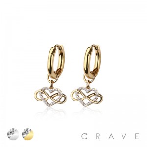 PAIR OF 316L STAINLESS STEEL HUGGIE/HOOP INFINITE HEART LOVE MULTI CZ DANGLE EARRINGS