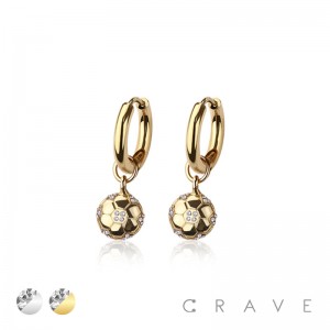 PAIR OF 316L STAINLESS STEEL HUGGIE/HOOP SOCCER BALL MULTI CZ DANGLE EARRINGS