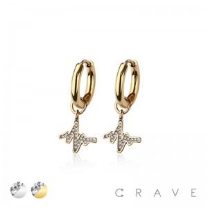 PAIR OF 316L STAINLESS STEEL HUGGIE/HOOP HEARTBEAT PULSE MULTI CZ DANGLE EARRINGS