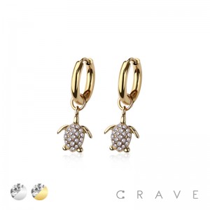 PAIR OF 316L STAINLESS STEEL HUGGIE/HOOP TURTLE MULTI CZ DANGLE EARRINGS