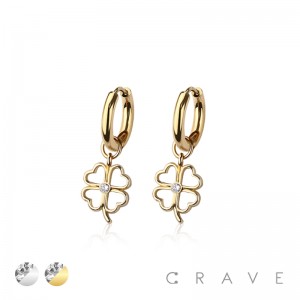 PAIR OF 316L STAINLESS STEEL HUGGIE/HOOP CENTER CZ CLOVER DANGLE EARRINGS