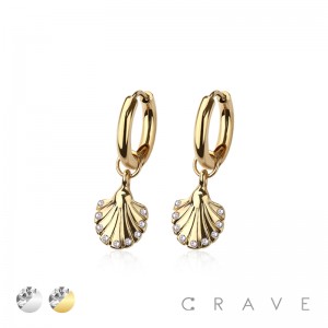 PAIR OF 316L STAINLESS STEEL HUGGIE/HOOP SEA SHELL MULTI CZ DANGLE EARRINGS