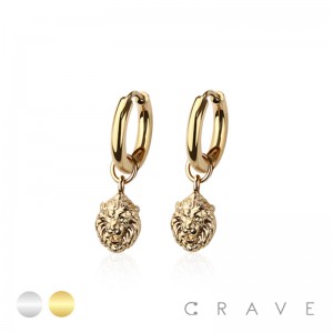 PAIR OF 316L STAINLESS STEEL HUGGIE/HOOP LION HEAD DANGLE EARRINGS