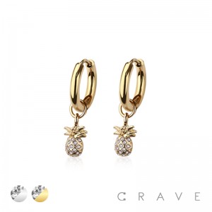 PAIR OF 316L STAINLESS STEEL HUGGIE/HOOP MULTI CZ PINEAPPLE DANGLE EARRINGS