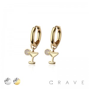 PAIR OF 316L STAINLESS STEEL HUGGIE/HOOP MULTI CZ MARTINI DRINK DANGLE EARRINGS