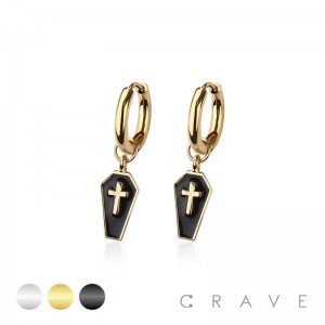 PAIR OF 316L STAINLESS STEEL HUGGIE/HOOP ENAMEL LAYER COFFIN DANGLE EARRINGS