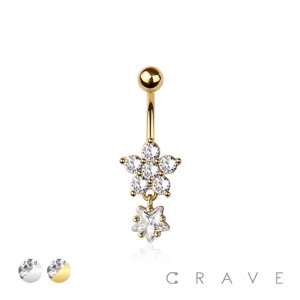 316L SURGICAL STEEL MULTI CZ 5 PETALS FLOWER WITH FLOWER DANGLE BELLY BUTTON NAVEL RING 