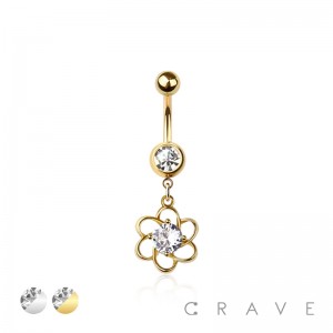 316L SURGICAL STEEL SPIRAL ROUND BEZEL FLOWER DANGLE BELLY BUTTON NAVEL RING 