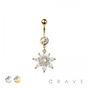 316L SURGICAL STEEL MULTI CZ FLOWER DANGLE BELLY BUTTON NAVEL RING 
