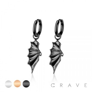 PAIR OF 316L STAINLESS STEEL HUGGIE/HOOP EARRINGS WITH DRAGON WINGS DANGLE