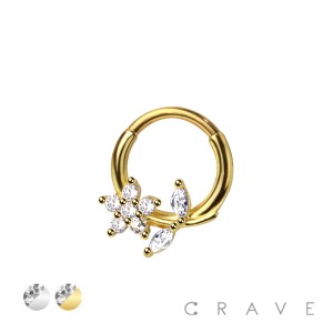 316L SURGICAL STEEL MULTI CZ FLOWER LEAF SEPTUM HINGED SEGMENT HOOP RING