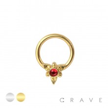 316L SURGICAL STEEL MULTI BEAD RED BEZEL SEPTUM HINGED SEGMENT HOOP RING