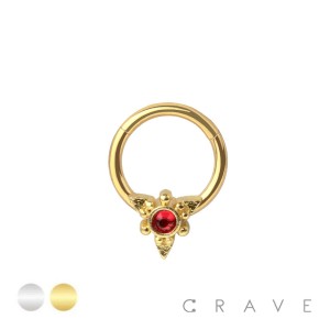 316L SURGICAL STEEL MULTI BEAD RED BEZEL SEPTUM HINGED SEGMENT HOOP RING