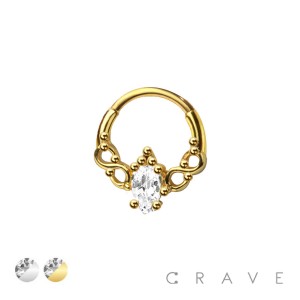 316L SURGICAL STEEL CENTER TEAR DROP CZ SEPTUM HINGED SEGMENT HOOP RING