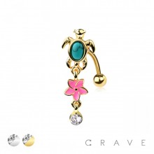 316L SURGICAL STEEL PLUMERIA HAWAII FLOWER TURTLE DANGLE BELLY BUTTON NAVEL RING 