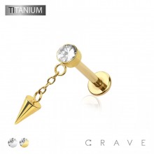 SPIKE CONE DANGLE BEZEL CZ TOP THREADLESS (PUSH IN) IMPLANT GRADE TITANIUM LABRET SET