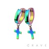 PAIR OF STAINLESS STEEL DOME FACE HUGGIE/HOOP EARRINGS WITH CROSS DANGLE