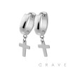 PAIR OF STAINLESS STEEL DOME FACE HUGGIE/HOOP EARRINGS WITH CROSS DANGLE