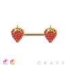 GEM PAVED STRAWBERRY CHARM END 316L SURGICAL STEEL NIPPLE BAR