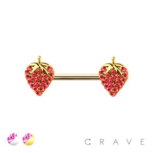 GEM PAVED STRAWBERRY CHARM END 316L SURGICAL STEEL NIPPLE BAR
