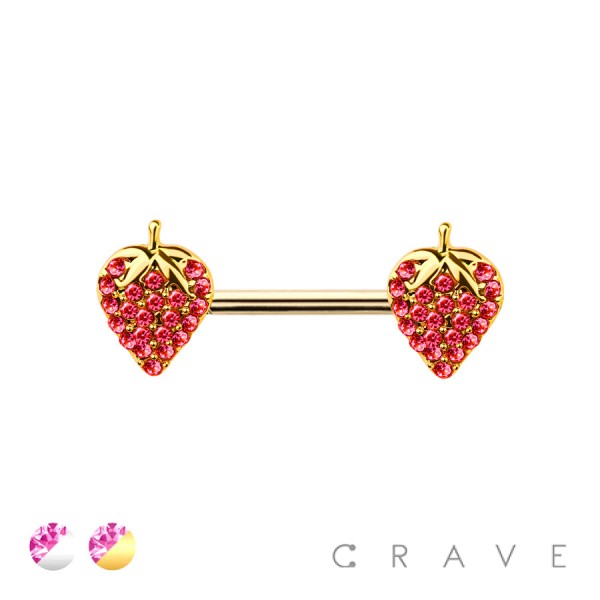 GEM PAVED STRAWBERRY CHARM END 316L SURGICAL STEEL NIPPLE BAR