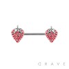 GEM PAVED STRAWBERRY CHARM END 316L SURGICAL STEEL NIPPLE BAR