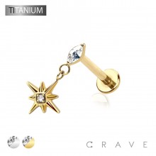 STARBURST DANGLE BEZEL CZ TOP THREADLESS (PUSH IN) IMPLANT GRADE TITANIUM LABRET SET