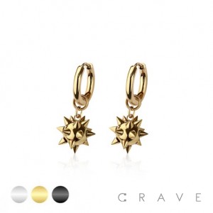 PAIR OF 316L STAINLESS STEEL HUGGIE/HOOP EARRINGS WITH ASYMMETRIC METEOR HAMMER SPIKE DANGLE