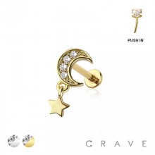 CZ PRONG PAVED CRESENT MOON GEM WITH DANGLE STAR TOP PUSHIN (THREADLESS) 316L SURGICAL STEEL LABRET 
