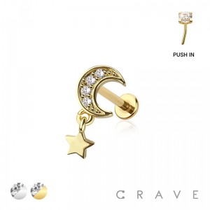 CZ PRONG PAVED CRESENT MOON GEM WITH DANGLE STAR TOP PUSHIN (THREADLESS) 316L SURGICAL STEEL LABRET 