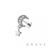 CZ PRONG PAVED CRESENT MOON GEM WITH DANGLE STAR TOP PUSHIN (THREADLESS) 316L SURGICAL STEEL LABRET 