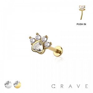 MULTI CZ PAW HEART TOP PUSHIN (THREADLESS) 316L SURGICAL STEEL LABRET SET