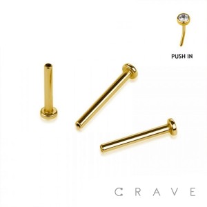 10PCS OF 316L SURGICAL STEEL GOLD PLATED 2.5MM FLAT DISK THREADLESS PUSH IN LABRET BAR