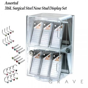 316L SURGICAL STEEL ASSORTED 3 TYPES MIXED NOSE PACKAGES 12 BOXES DISPLAY SET (WITH FREE CASE)