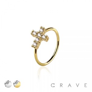 CZ GEM PAVED CROSS 316L SURGICAL STEEL O-RING NOSE HOOP RING