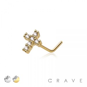 CZ GEM PAVED CROSS 316L SURGICAL STEEL L-SHAPE NOSE RING